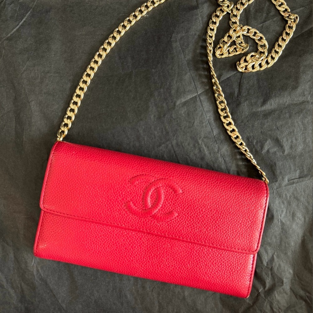 Chanel Red Caviar Leather Chain Wallet
